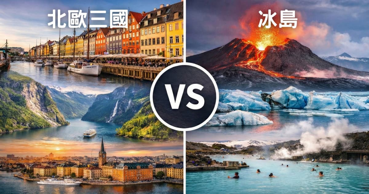 北歐旅遊行程方向比較圖，左為北歐三國丹麥挪威瑞典，右為冰島環島火山與冰川地貌
