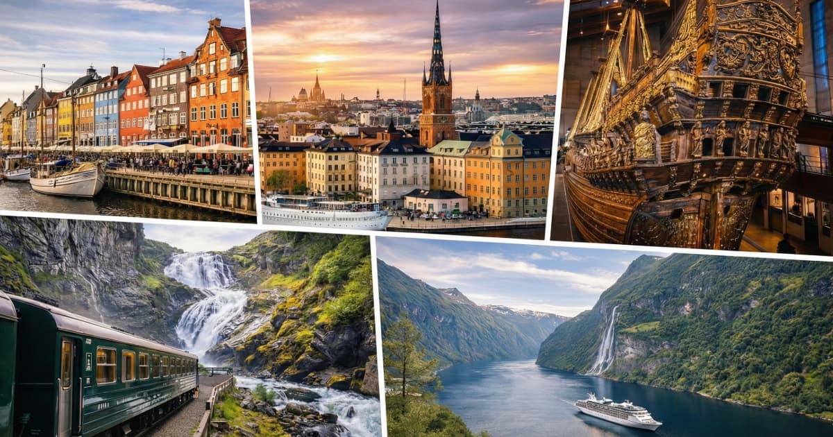 北歐必去景點拼圖，包含丹麥新港、瑞典斯德哥爾摩與挪威峽灣等經典北歐旅遊地標
