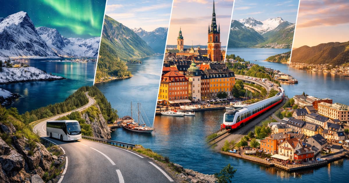 2026 北歐攻略首圖，結合挪威峽灣、丹麥與瑞典城市風景，呈現北歐深度旅遊的自然景色與生活美學