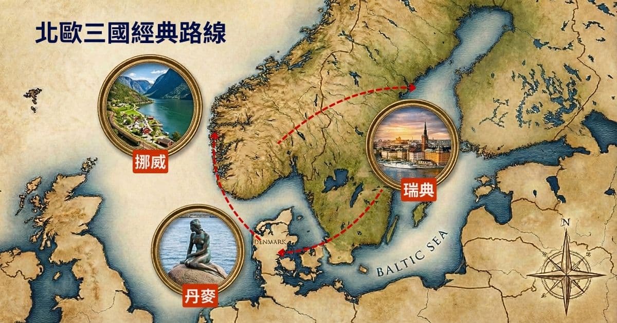 北歐三國旅遊路線圖，串聯丹麥哥本哈根、挪威峽灣與瑞典斯德哥爾摩的經典行程安排